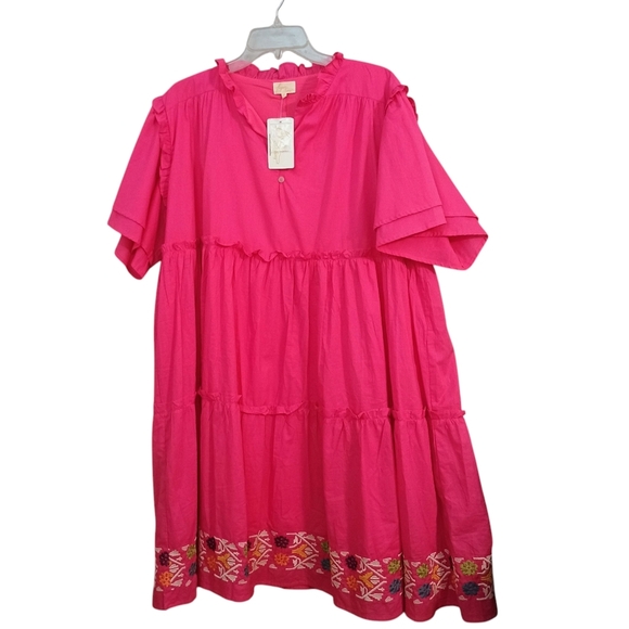 NWT Layerz Clothing Emily Hot Pink Embroidered Ruffle Tiered Dress Size XL - Picture 2 of 5